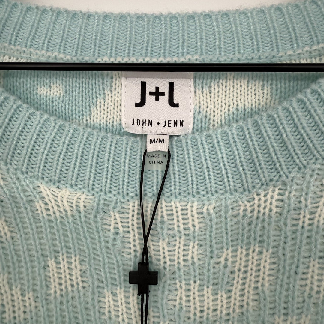 John + Jenn Sweater Womens Medium Mystic Blue Leopard Round Neck Drop Shoulder