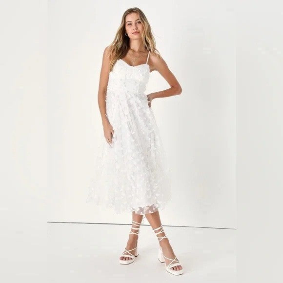 Lulus Time To Fly White Butterfly Lace-Up Midi Dress Size S