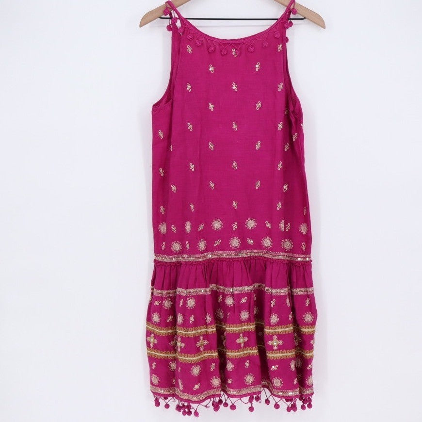 Calypso St Barth Pink Linen Beaded Pom Pom Flounce Dress XS