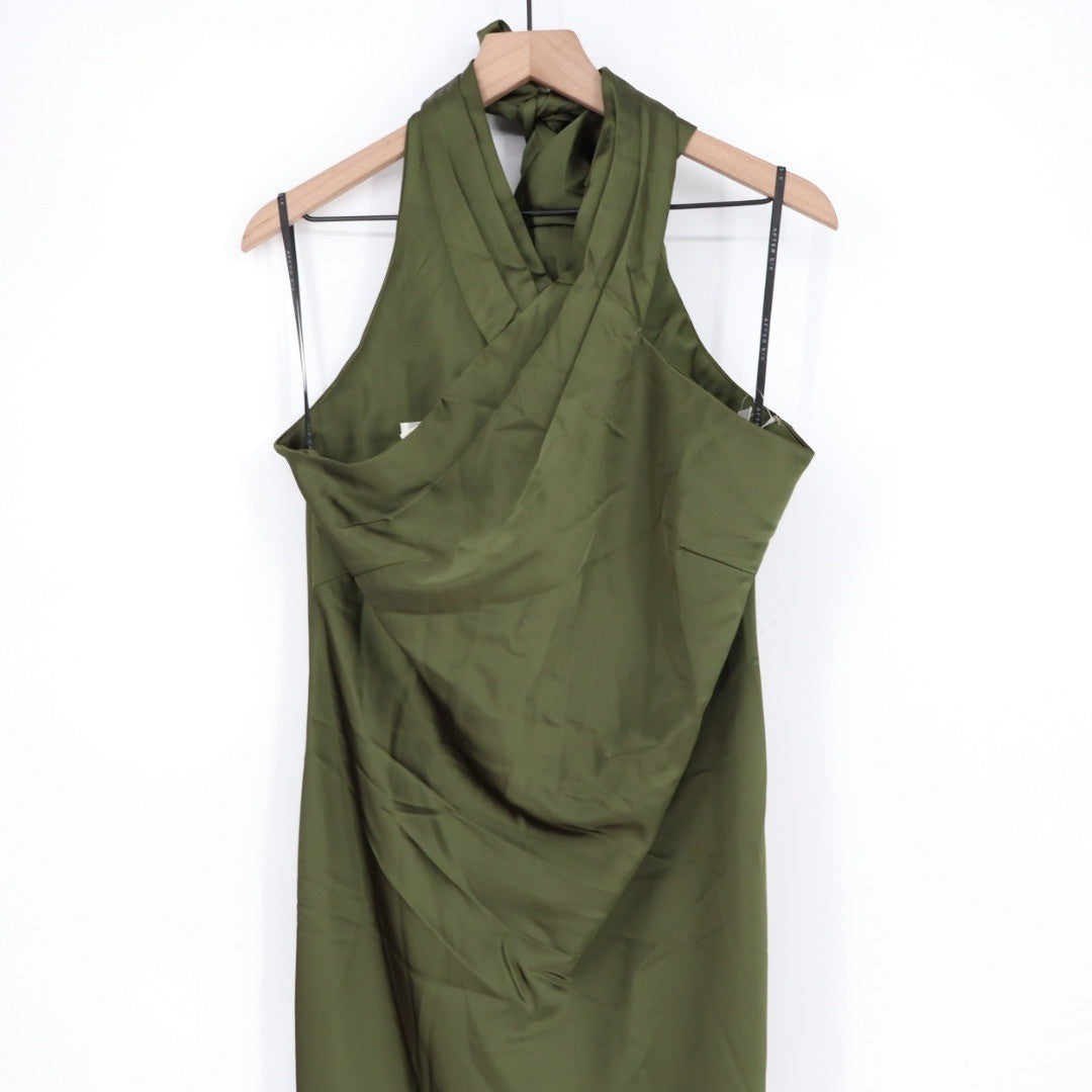 After Six Pleated Halter Bias Satin Maxi Dress With Bow Self-Tie Back Size L