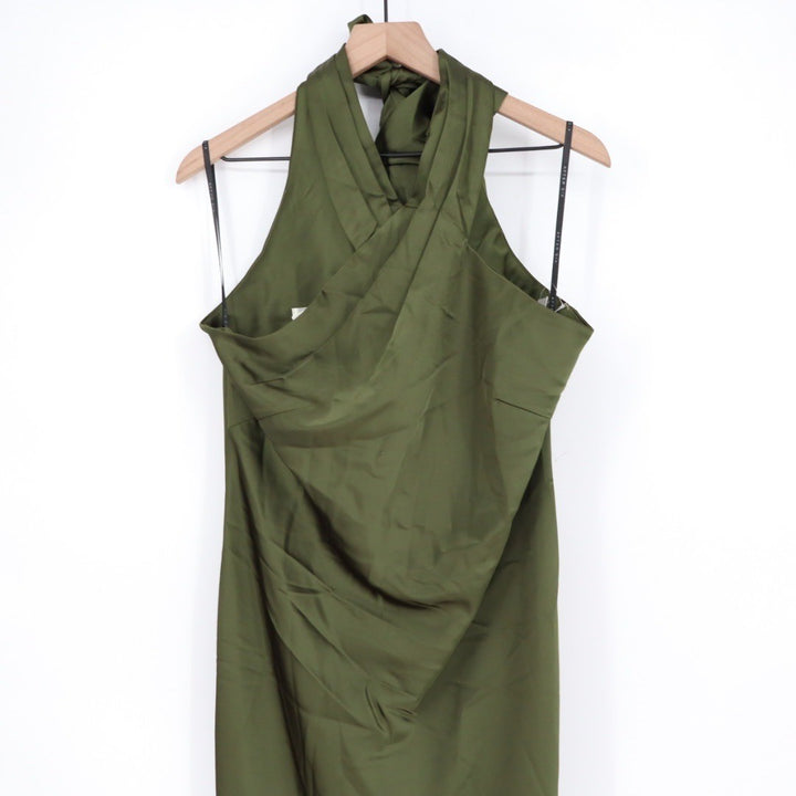 After Six Pleated Halter Bias Satin Maxi Dress With Bow Self-Tie Back Size L