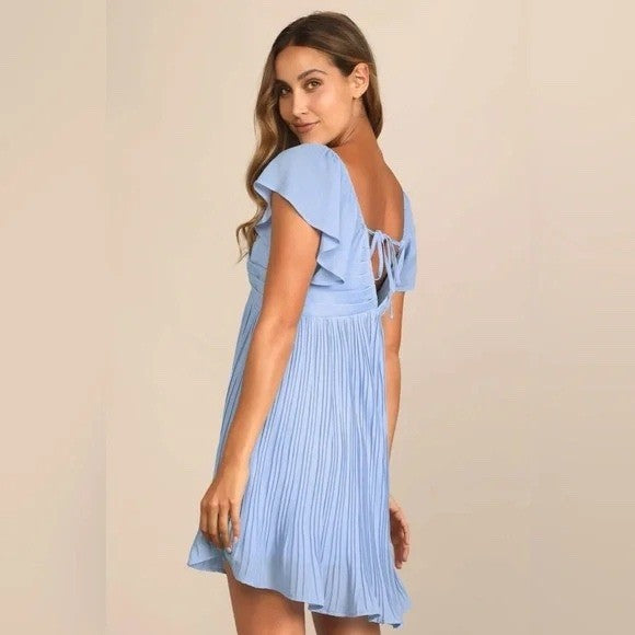 Lulus Amalfi Coast Light Blue Pleated Flutter Sleeve Mini Dress Size XS
