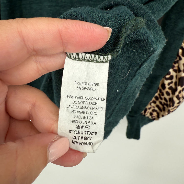 Ces Femme Top Womens Medium Multicolor Leopard Print Tight Knit Puff Sleeve