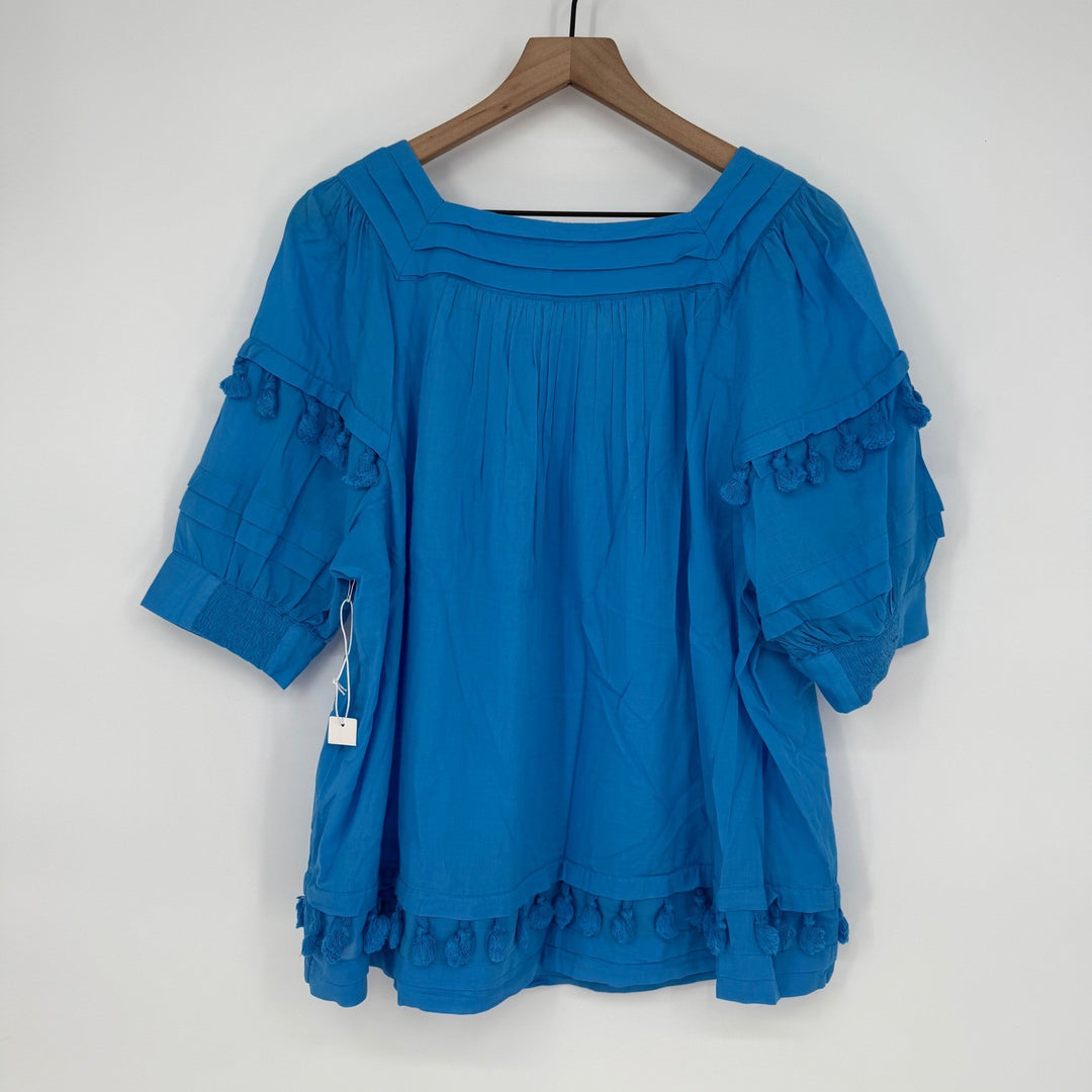 Chicos Blue Square Neck Pintuck Tassel Tunic Top Shirt Size 16