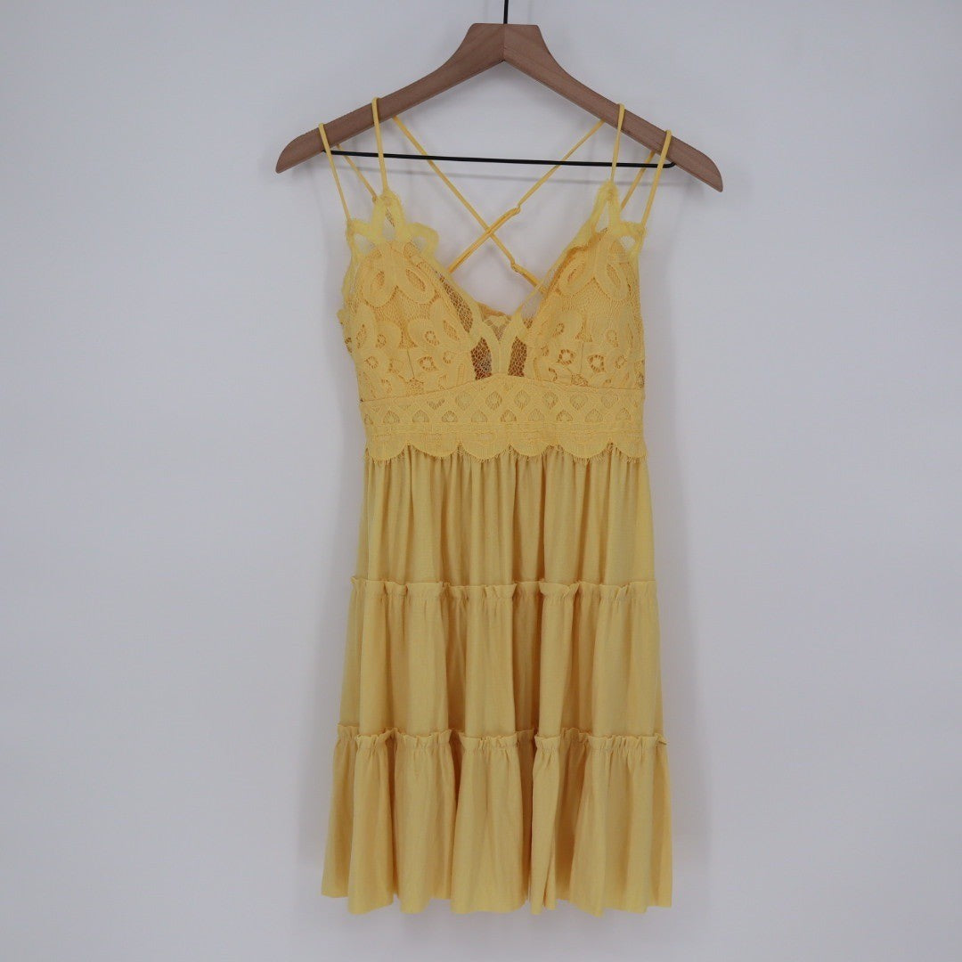 ZENANA Yellow Crochet Lace Tiered Dress Sundress XL
