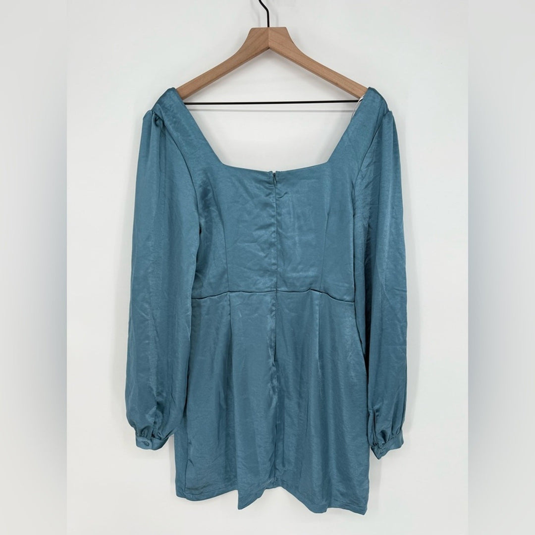 Lulus Got The Love Slate Blue Satin Square-Neck Mini Dress Size L
