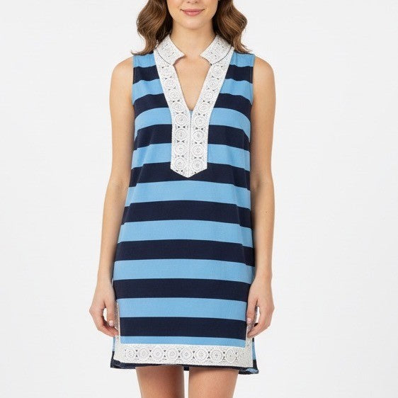 STS Sail to Sable Blue Navy Striped Crochet Trim Sleeveless Tunic Dress M