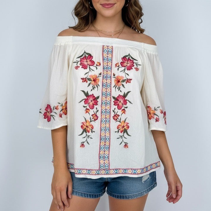 Umgee Off Shoulder Embroidered Floral Tunic Top Blouse Women's Size Medium Cream