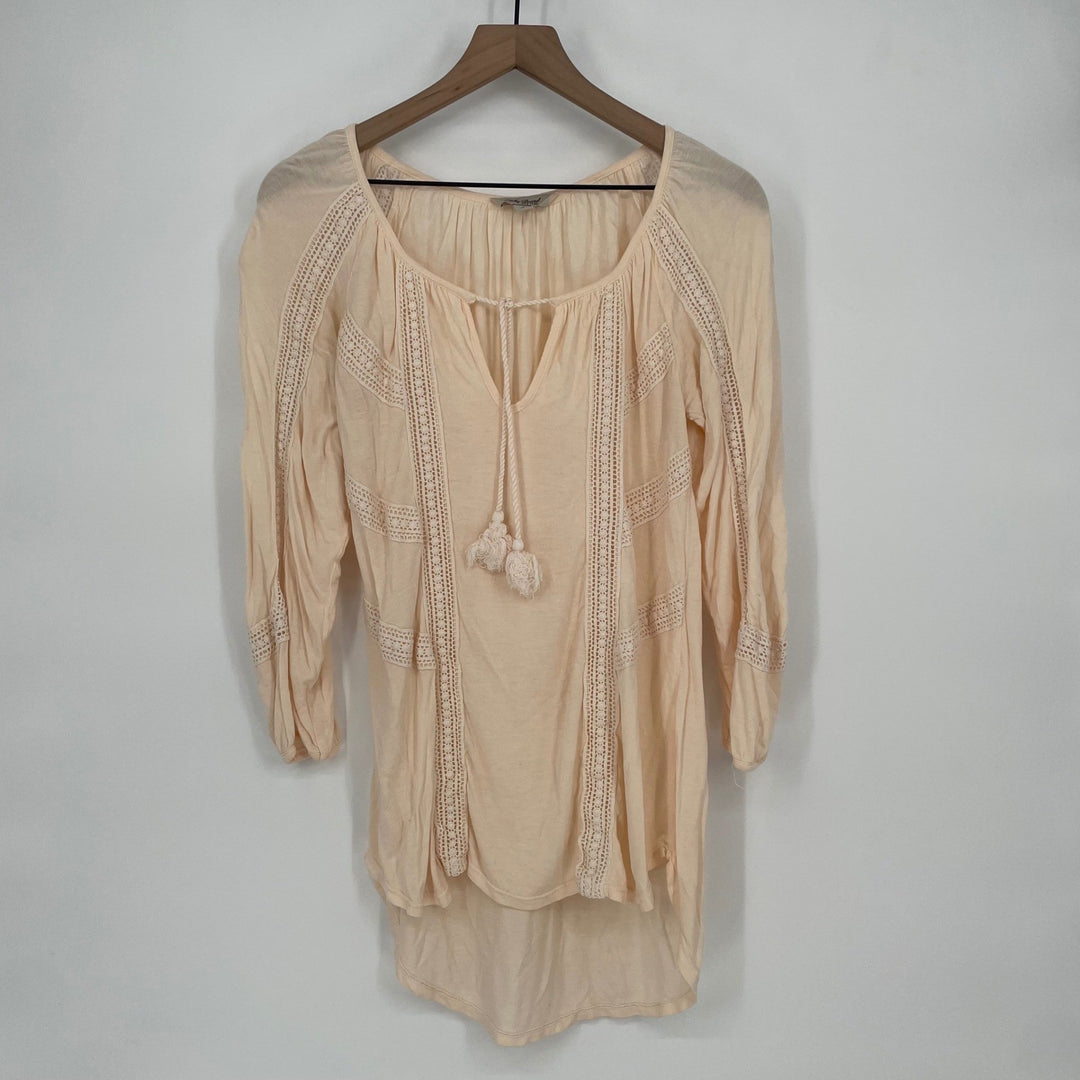 Lucky Brand Peachy Pink Lace Trim Tassel Tie Boho Peasant Blouse Top S