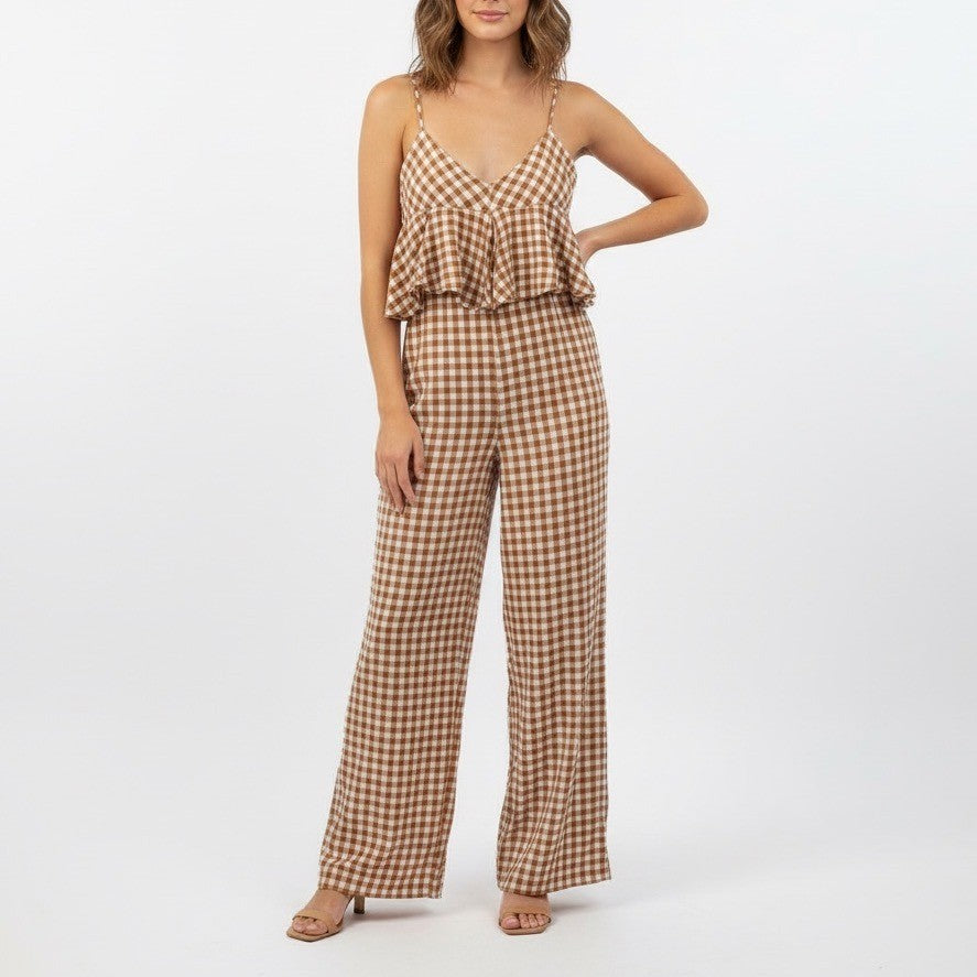 SAYLOR Gingham Peplum Wide Leg Jumpsuit Rust White Size M