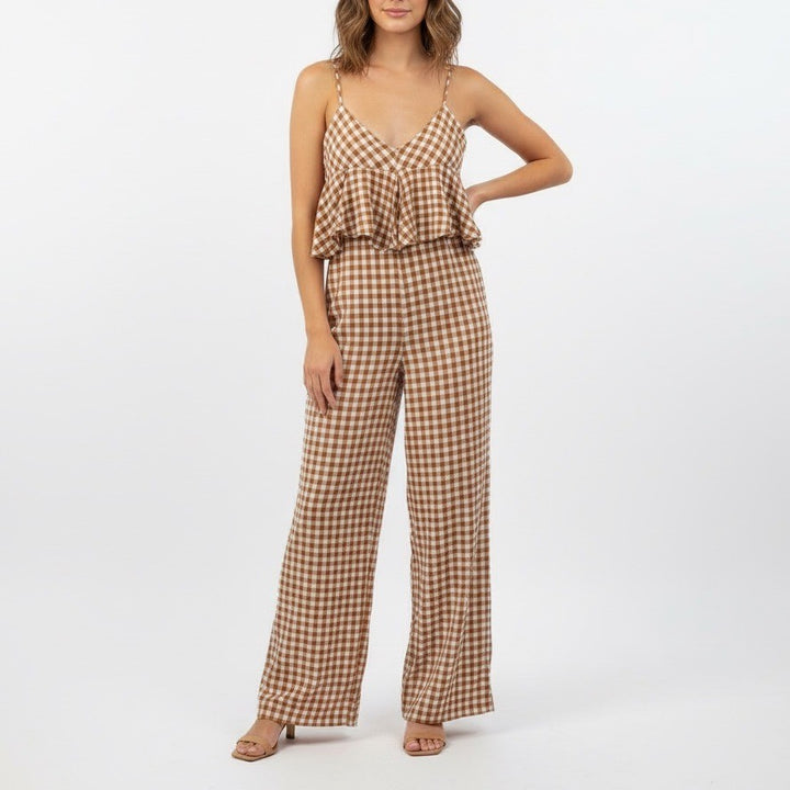 SAYLOR Gingham Peplum Wide Leg Jumpsuit Rust White Size M