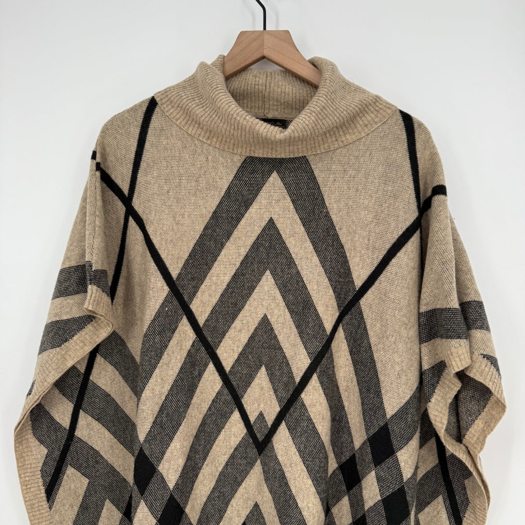 Bacciano Tan Plaid Turtleneck Poncho Cape Sweater Size M