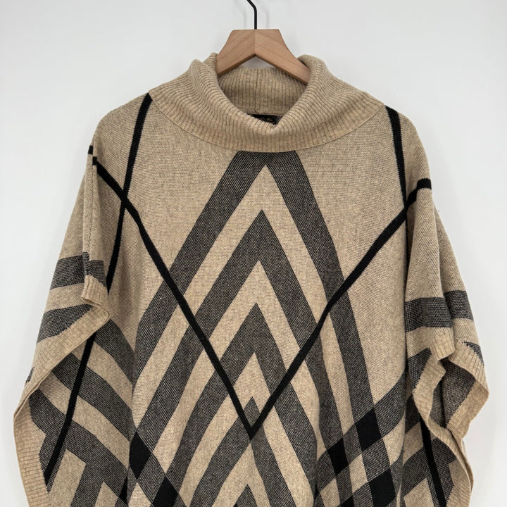Bacciano Tan Plaid Turtleneck Poncho Cape Sweater Size M