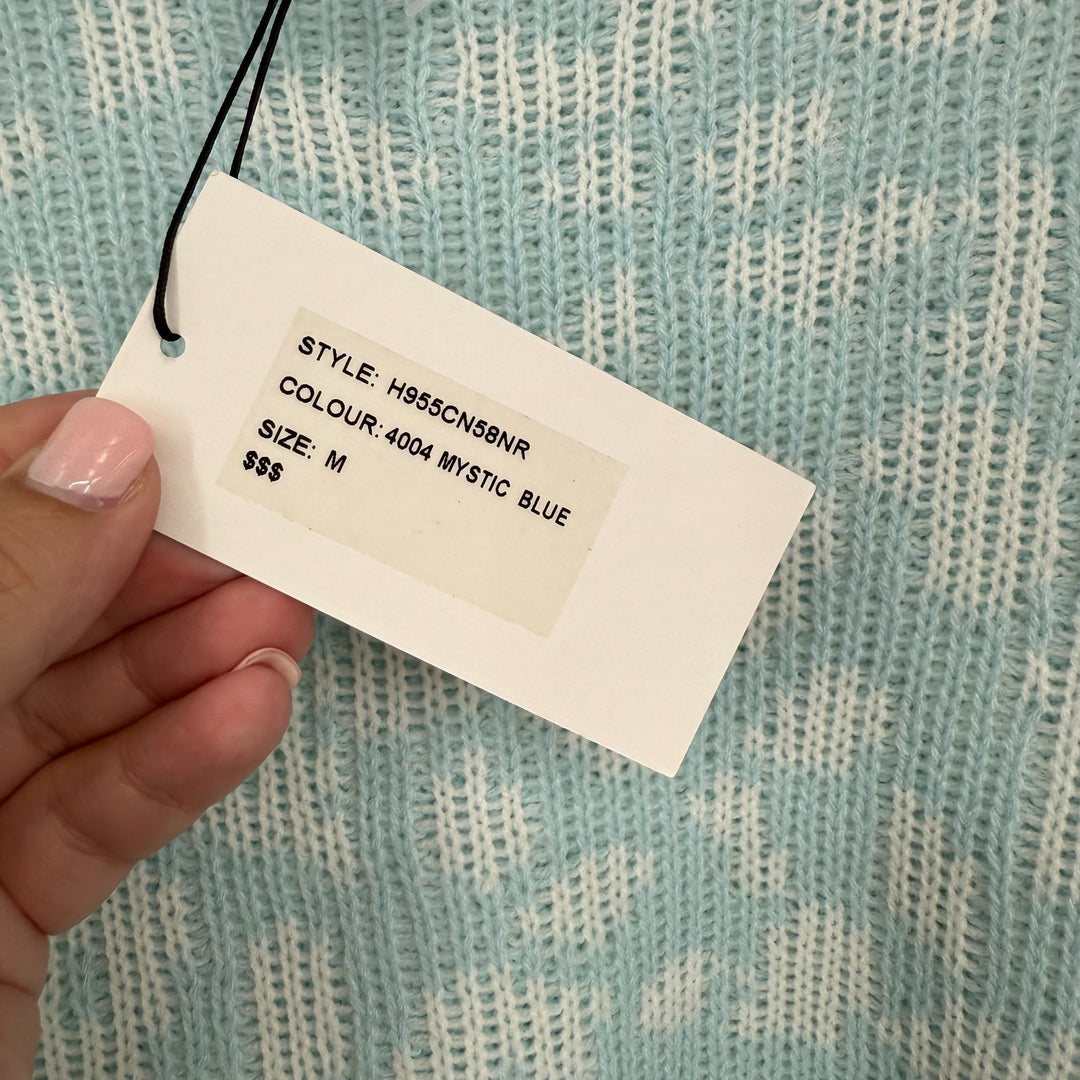 John + Jenn Sweater Womens Medium Mystic Blue Leopard Round Neck Drop Shoulder