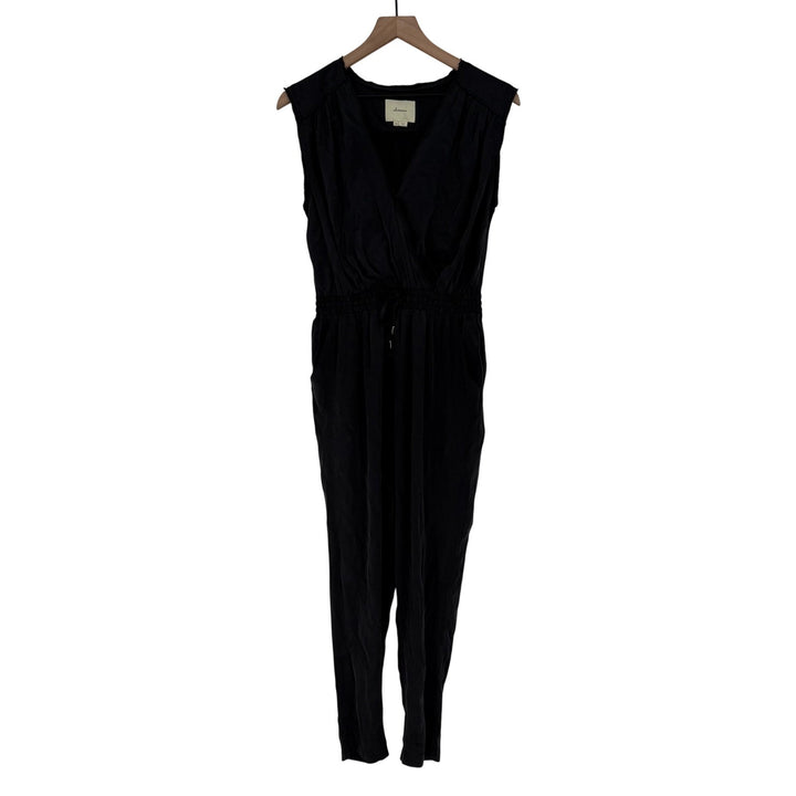 eleven*sixes Black Sleeveless V Neck Wrap Style Drawstring Waist Jumpsuit