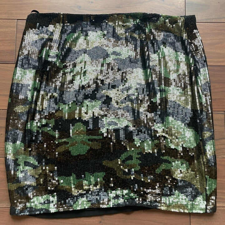 L'Agence Phoebe Metallic Sequined Camo Skirt Size 10