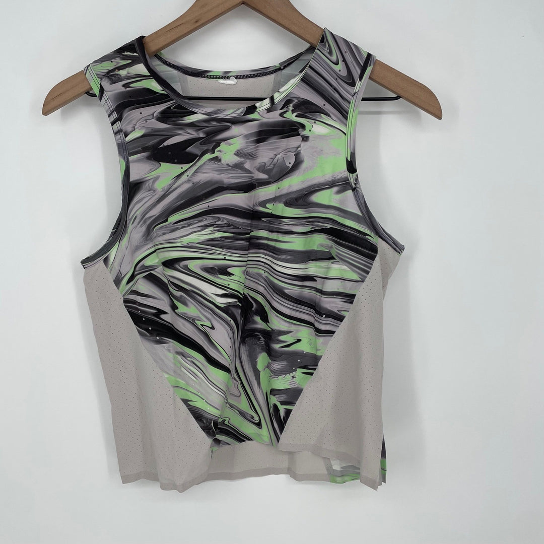 Lululemon Athletic Tank Top Abstract Swirl Green Black White Mesh Back Size M