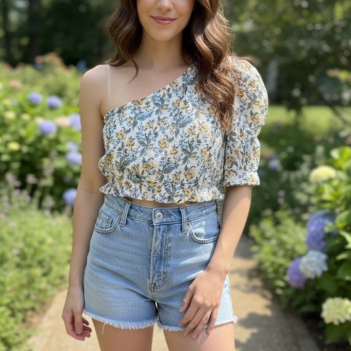 En Saison Floral Blouse Crop Top One Shoulder Yellow Blue White Womens Size M