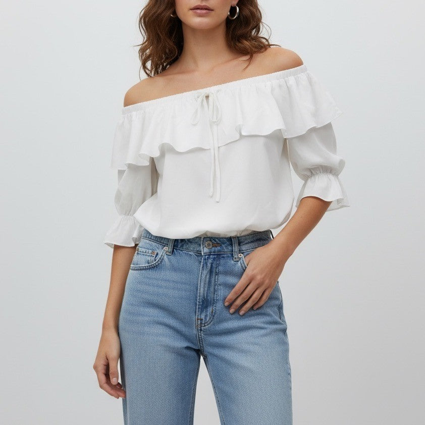 White Off Shoulder Ruffle Blouse Top 3/4 Sleeve Tie Neck Sheer Flowy Plus Size L