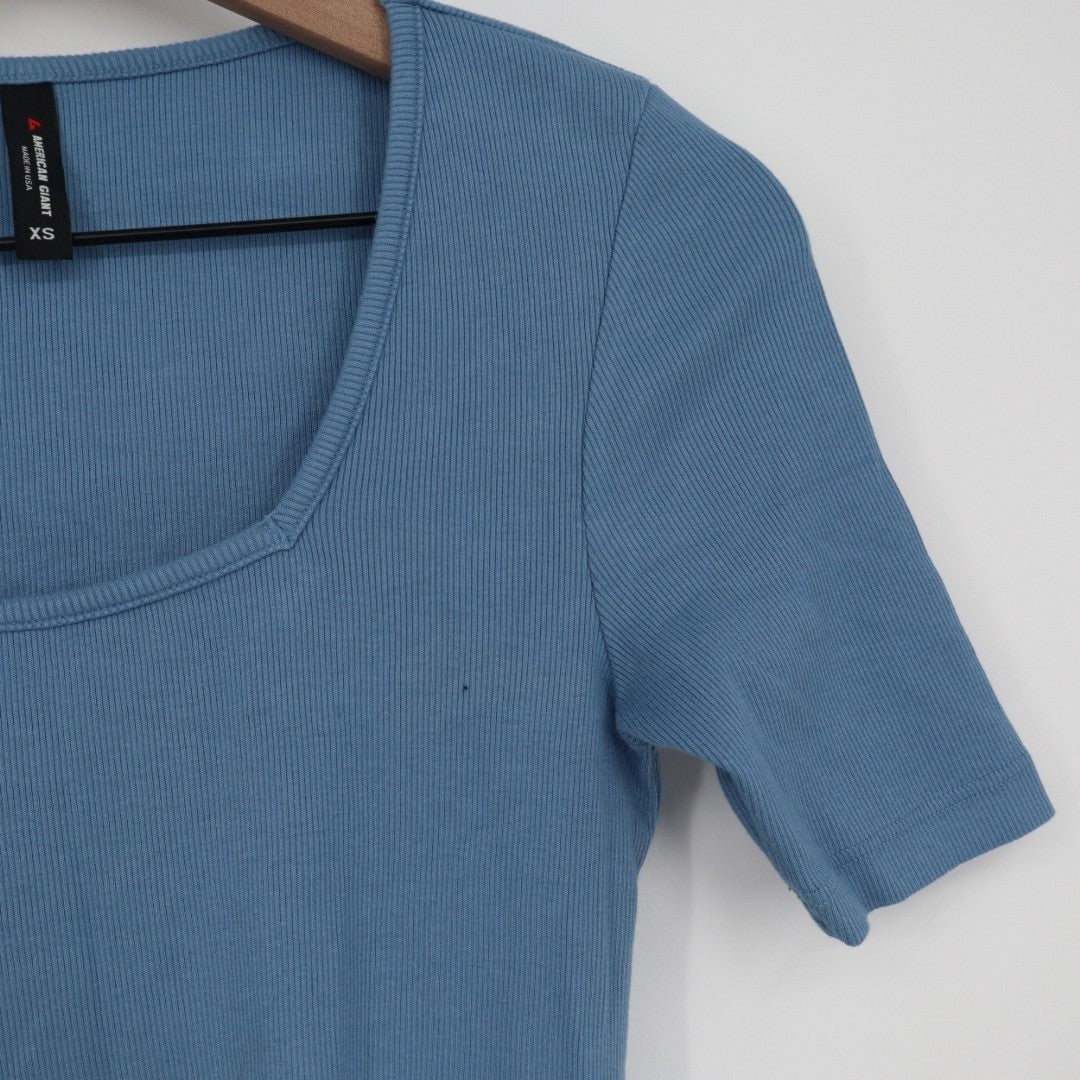 American Giant Ribbed Square Neck Short Sleeve Top Blue XS Made in USA