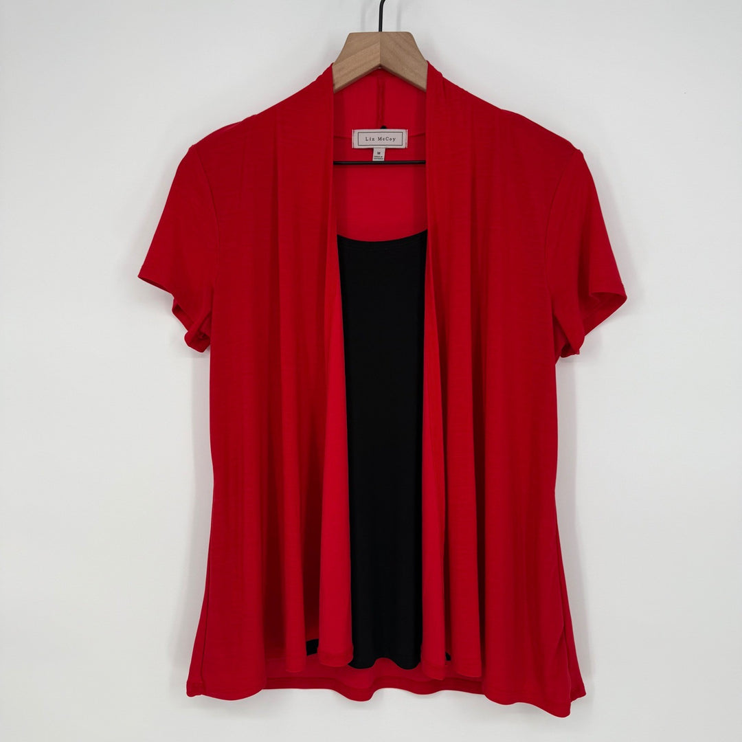 Liz McCoy Red Black Tank Top Cardigan Short Sleeve Size M