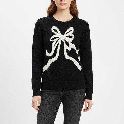 C Wonder Black Knit Sweater Cream Bow Applique Crew Neck Long Sleeve Size S