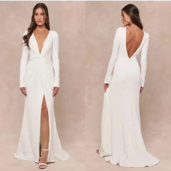 Lulus Stunning Romance White Long Sleeve Mermaid Maxi Dress Size S