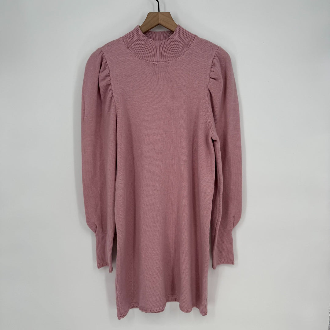 Wayf Lola Sweater Dress Women Medium Pink Nylon Puff Sleeve Mock Neck Tight Knit