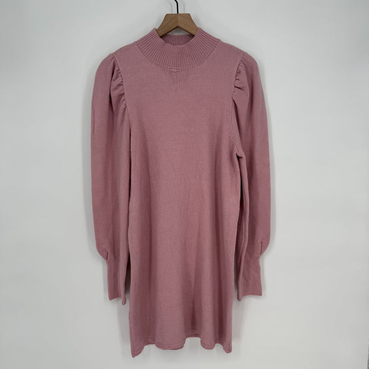Wayf Lola Sweater Dress Women Medium Pink Nylon Puff Sleeve Mock Neck Tight Knit