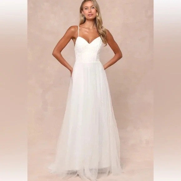 Lulus Love Perfection White Lace Tule Pearl Beaded Maxi Dress Size M