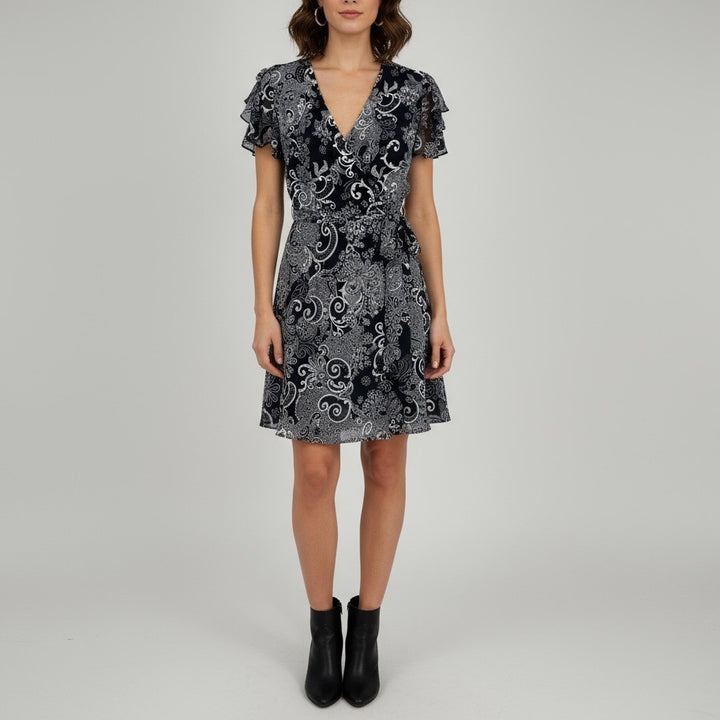 Glamour Women's Navy Blue White Paisley Print Wrap Dress Ruffle Sleeve Size 8