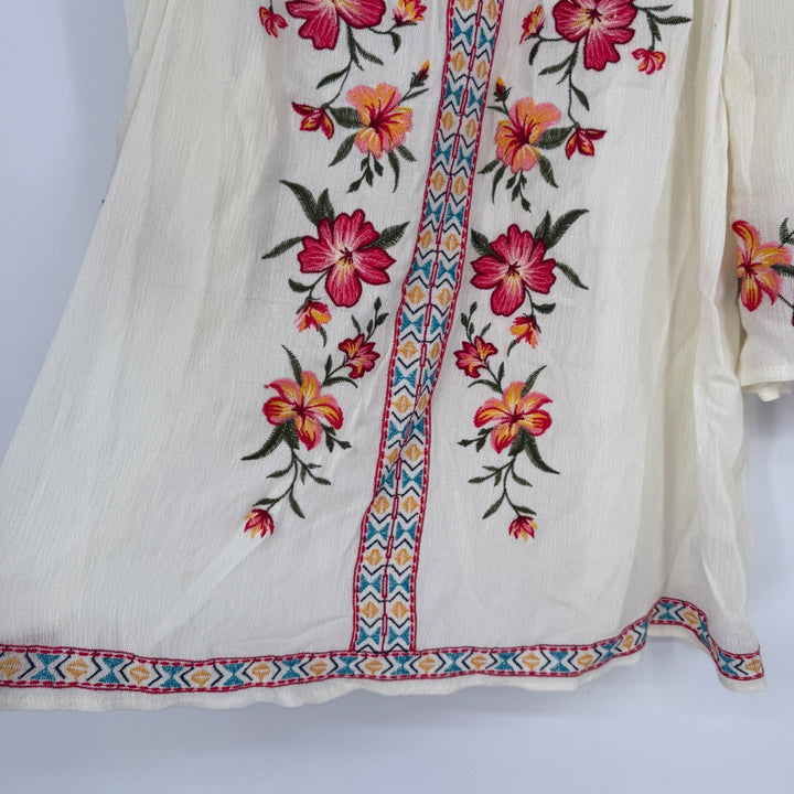 Umgee Off Shoulder Embroidered Floral Tunic Top Blouse Women's Size Medium Cream