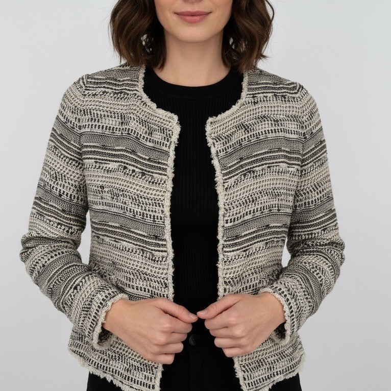 Joie Tweed Collarless Jacket Textured Fringe Open Front XS