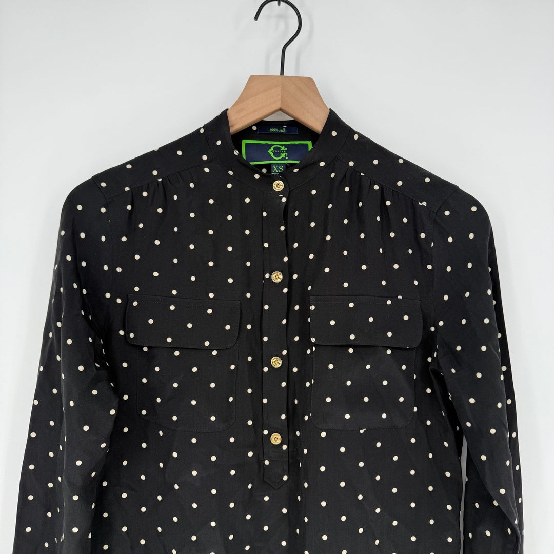 Wonder Stripe Polka Dot Silk Band Collar Button Up Blouse XS Black