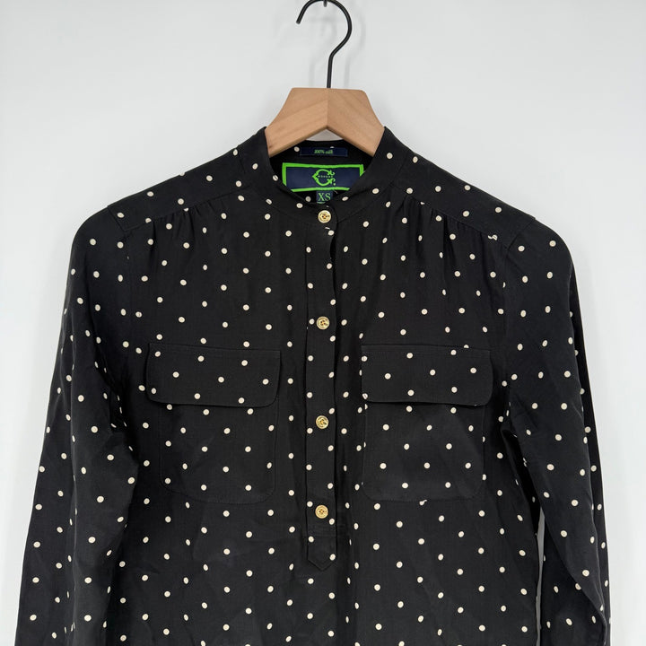 Wonder Stripe Polka Dot Silk Band Collar Button Up Blouse XS Black
