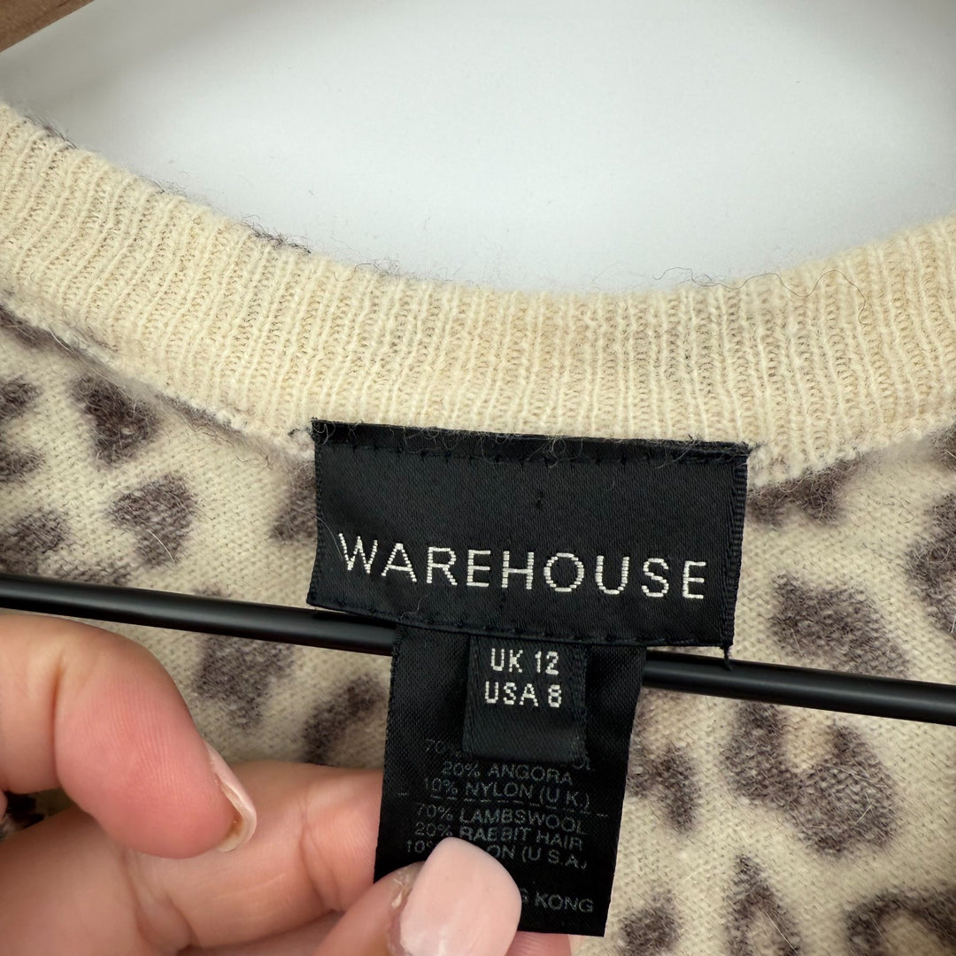 Warehouse Sweater Womens 8 Multicolor Leopard Print Lambswool Tight Knit V Neck