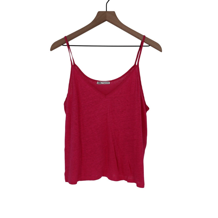 ZARA Linen Blend Spaghetti Strap V Neck Tank Top Fuchsia Pink Size M