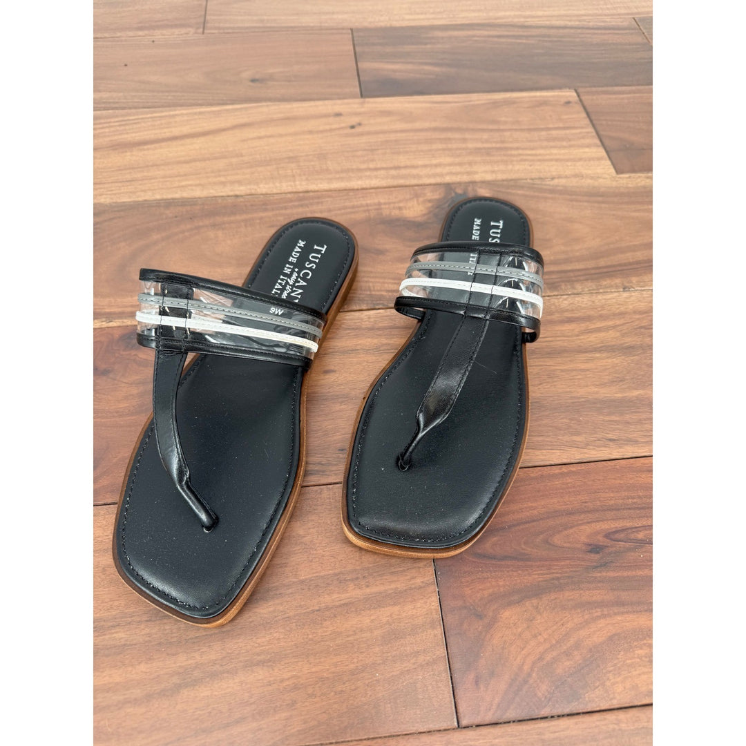Tuscany Easy Street Black Thong Sandals Clear Straps Made in Italy Size 9W