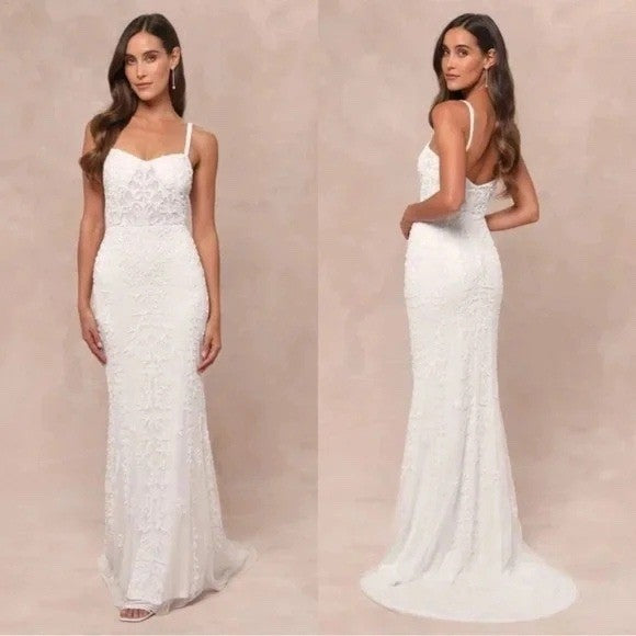 Lulus Momentous Love White Beaded Bustier Mesh Mermaid Maxi Dress Size L