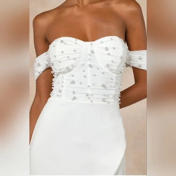 Lulus Immensely Charming White Mesh Pearl Bustier Maxi Dress Size L