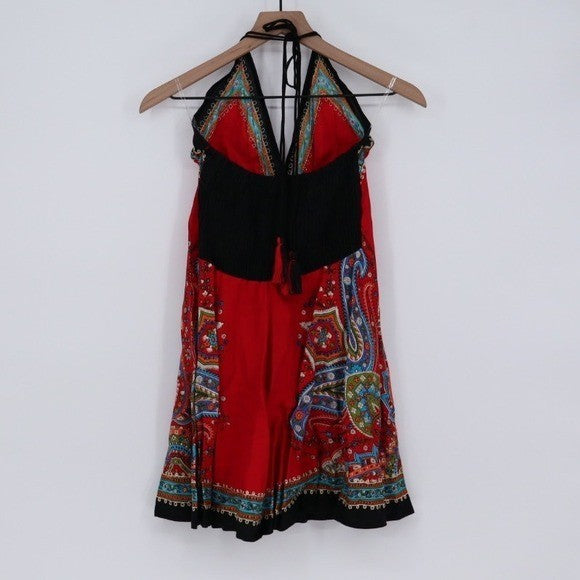 Advance Red Paisley Halter Dress Free Size Boho Festival Beach Vacation