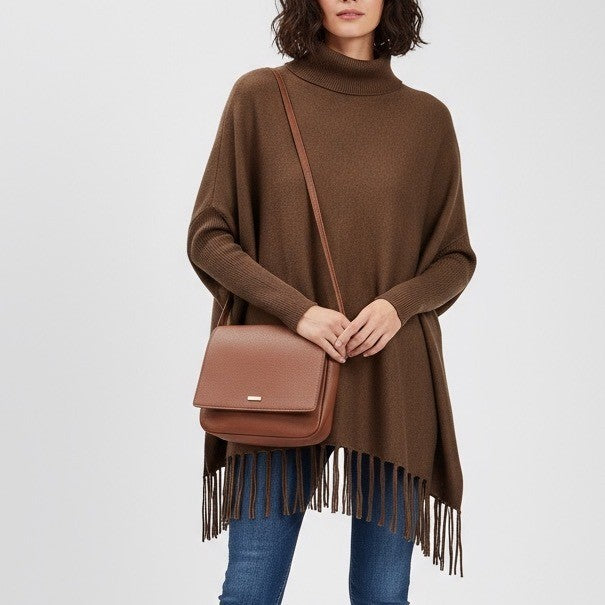 MAGASCHONI Women's Brown Wool Blend Turtleneck Fringe Poncho Sweater S/P