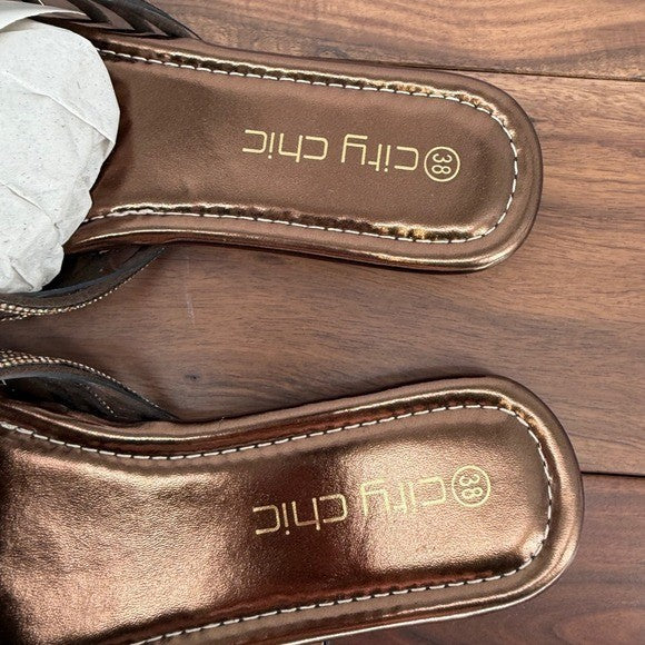 City Chic Bronze Embellished Knot Detail Slide Sandals Women's Size 7W