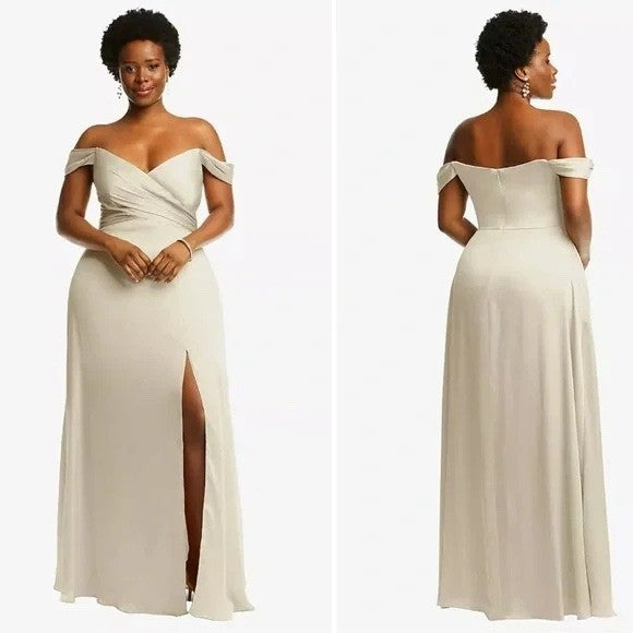 Dessy Collection Off-The-Shoulder Flounce Sleeve Empire Waist Gown With Slit