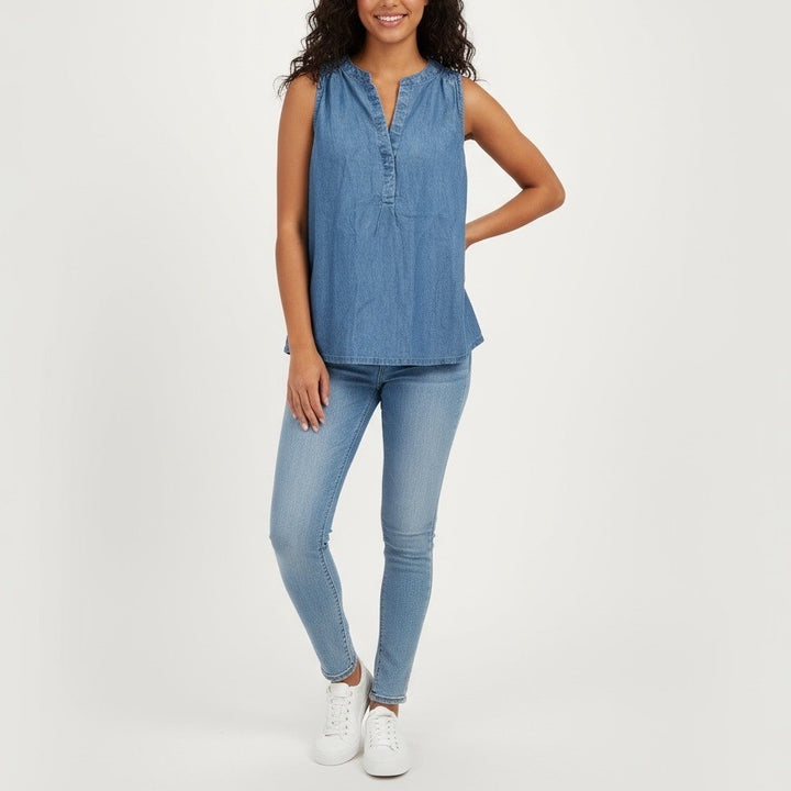 SOFT JOIE Chambray Denim Smocked Neck Sleeveless V-Neck Blouse Top XS