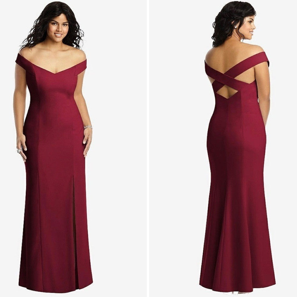Dessy Collection Off-The-Shoulder Criss Cross Back Trumpet Gown Size 16