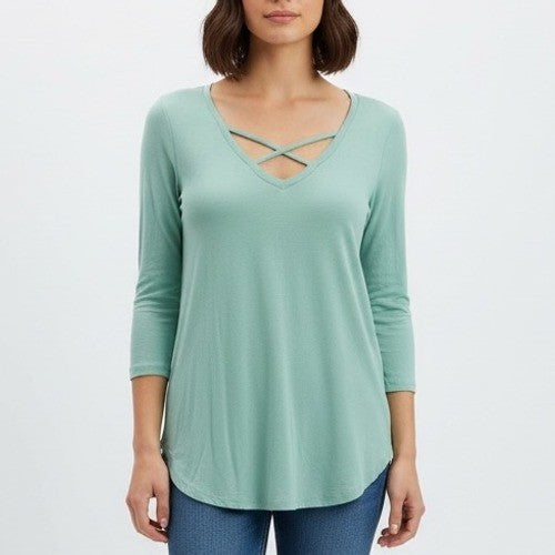 Soho Jeans Soft Tee Mint Green Crisscross Neck 3/4 Sleeve Top Size S