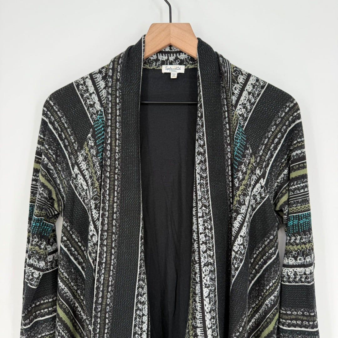 Splendid Women's Black Geometric Print Waterfall Cardigan Sweater Lightweight XS