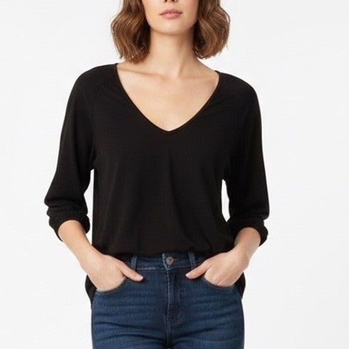 American Giant Black 3/4 Sleeve V Neck Cotton Top Women's XS Made in USA