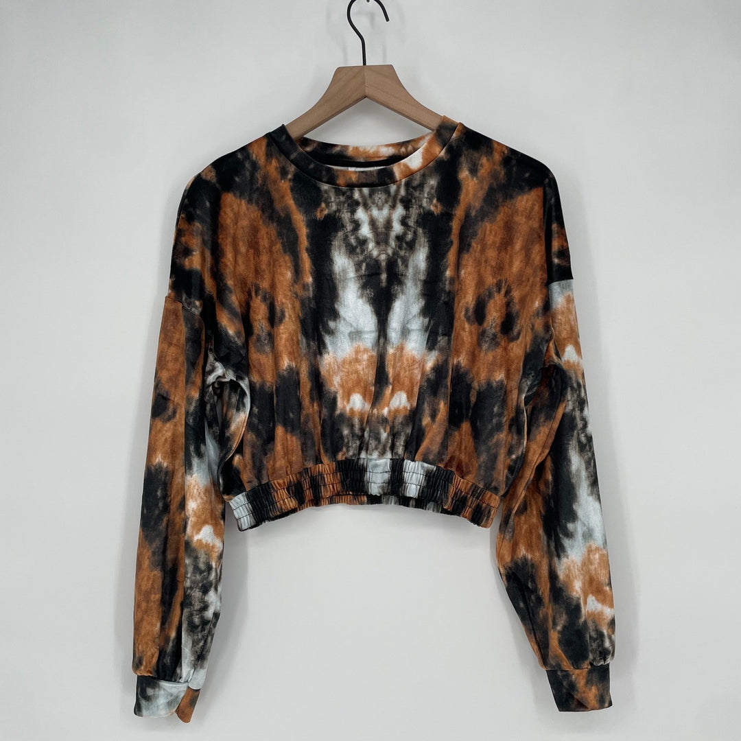 TOPSHOP Tie Dye Cropped Sweatshirt Long Sleeve Crewneck Orange Black Size 6
